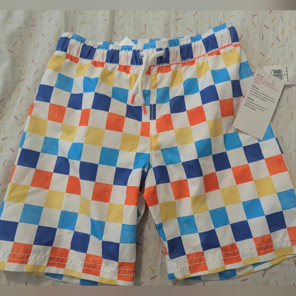 Old Navy Boys Colorblock Check Swim Trunks - Blue, Yellow, Orange, White